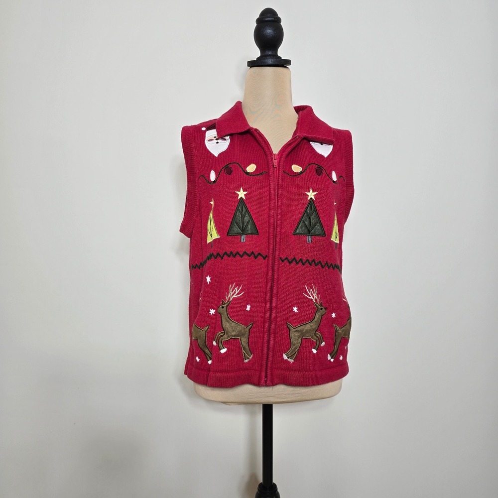 Vintage BeChamel Ugly Christmas Sweater Vest – Santa, Trees & Reindeer Large
